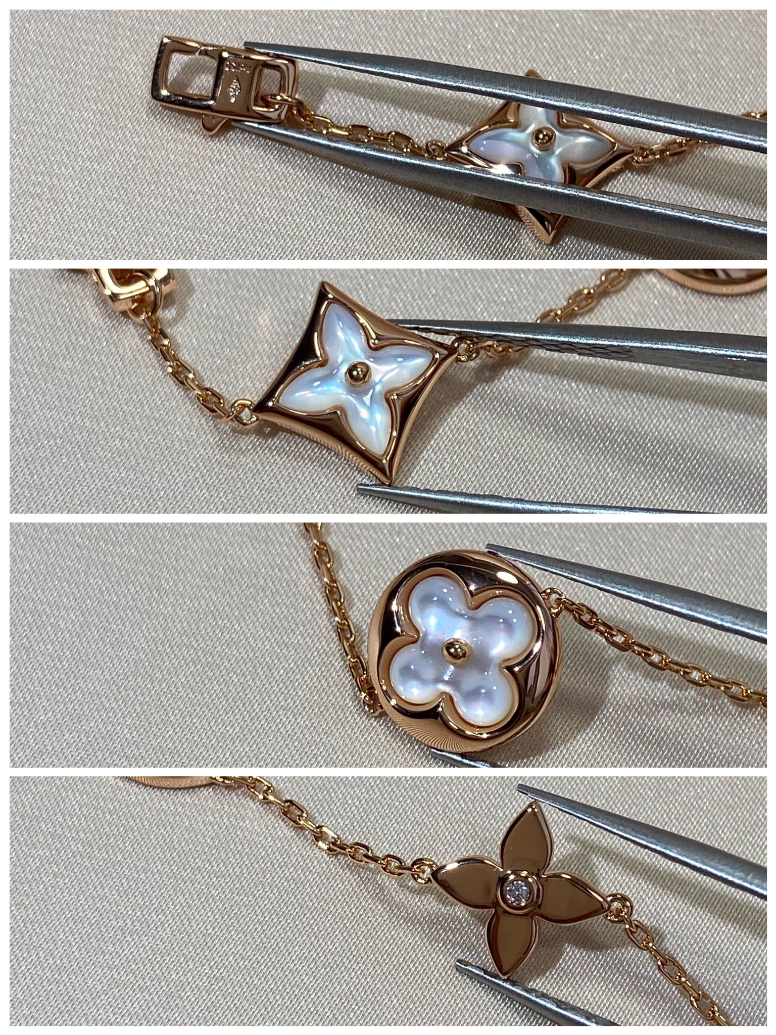 GlowSTAR AND SUN 5 MOTIF MOP PINK GOLD BRACELET