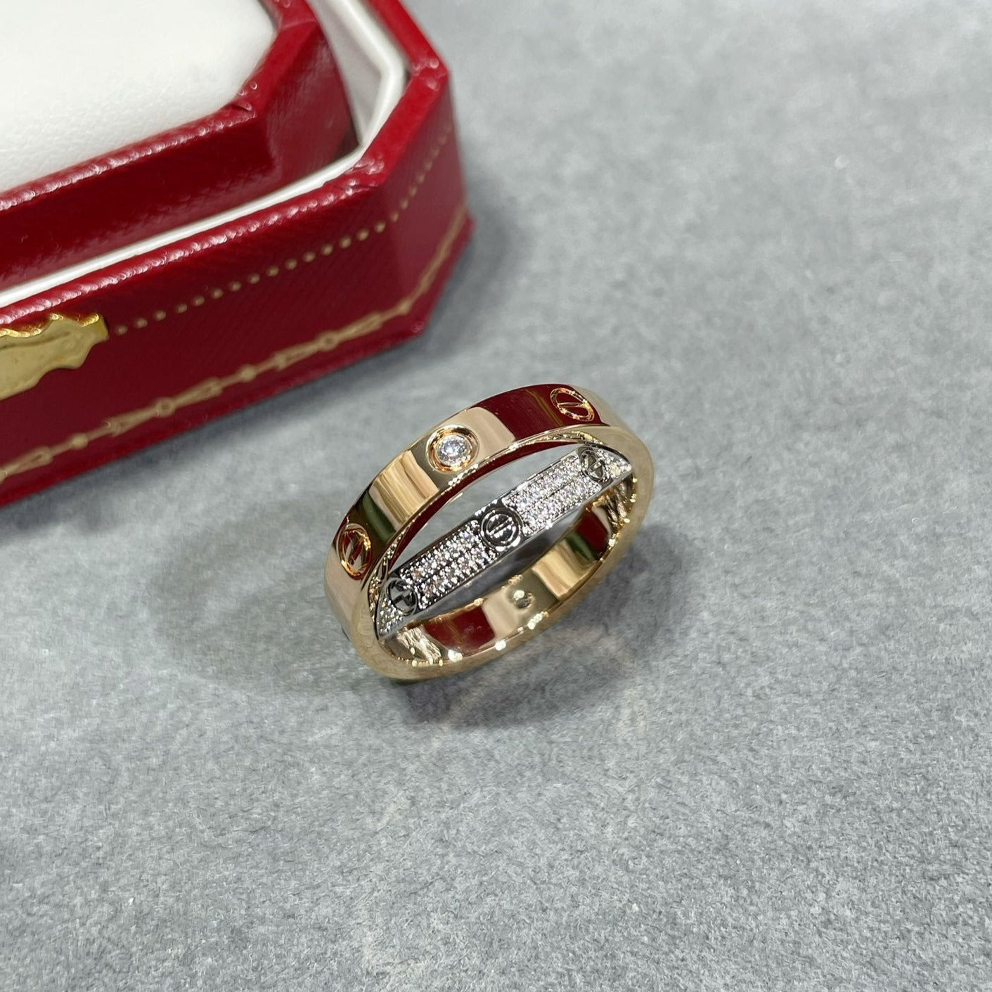 GlowLOVE PINK GOLD SILVER DIAMOND DOUBLE RING