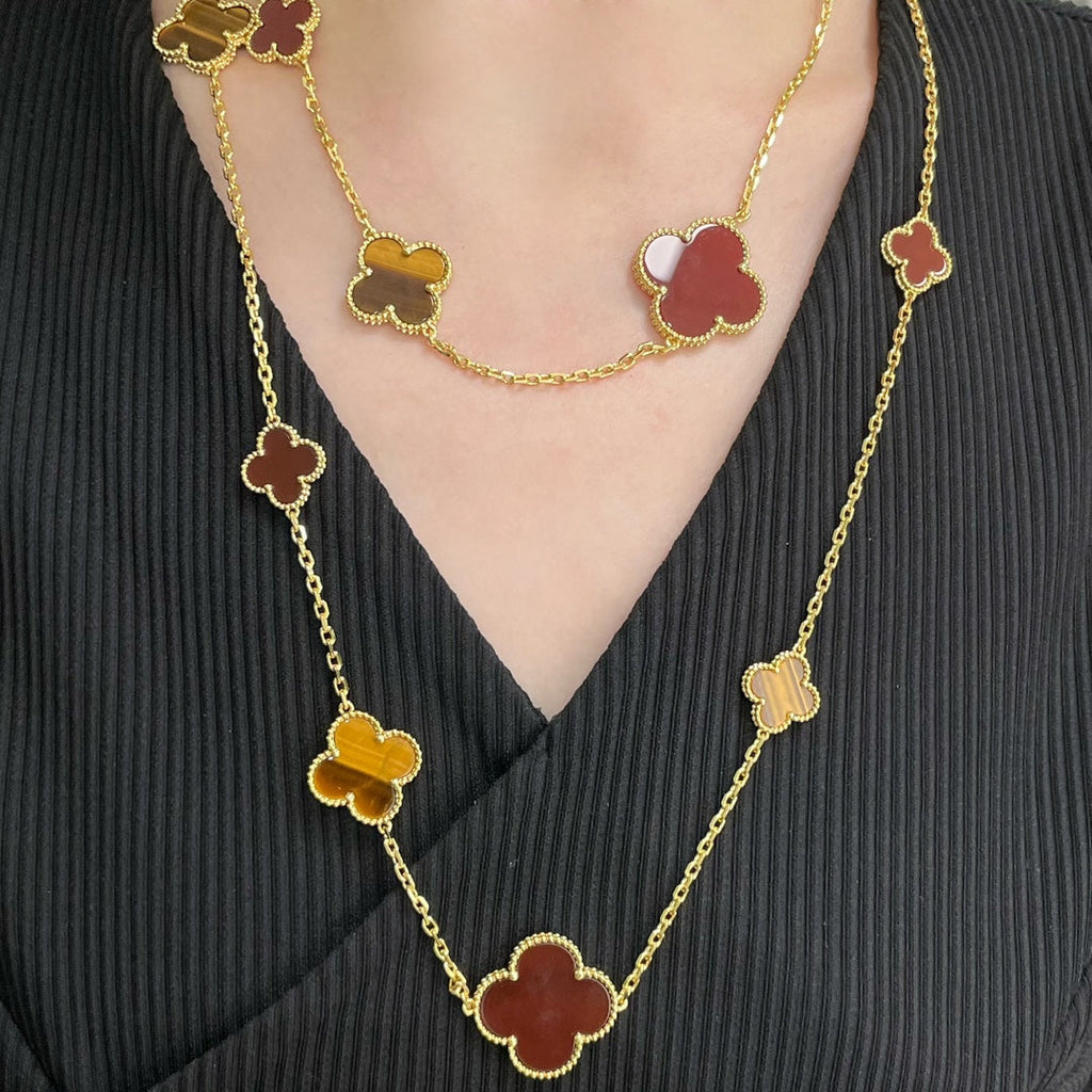 ¡®Glow¡¯CLOVER 16 MOTIF CARNELIAN TIGER EYE ROSE GOLD NECKLACE