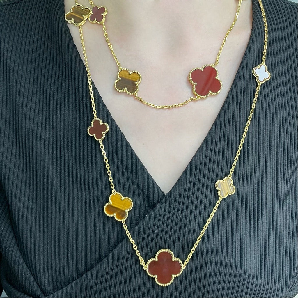 ¡®Glow¡¯CLOVER 16 MOTIF CARNELIAN TIGER EYE ROSE GOLD NECKLACE